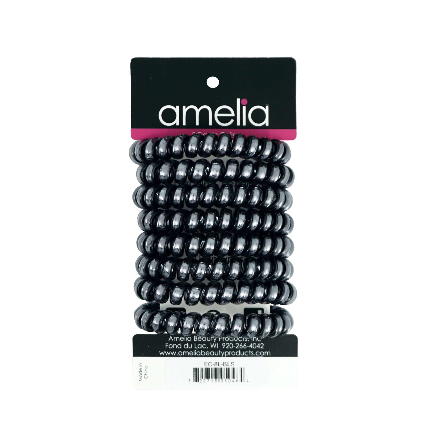 Amelia Beauty Products 8 Large Smooth Shiny Center Elastic Hair Coils, 2. 5in Diameter Thick Spiral Hair Ties, Gentle on Hair, Strong Hold and Minimizes Dents and Creases, Black - 12 Retail Packs