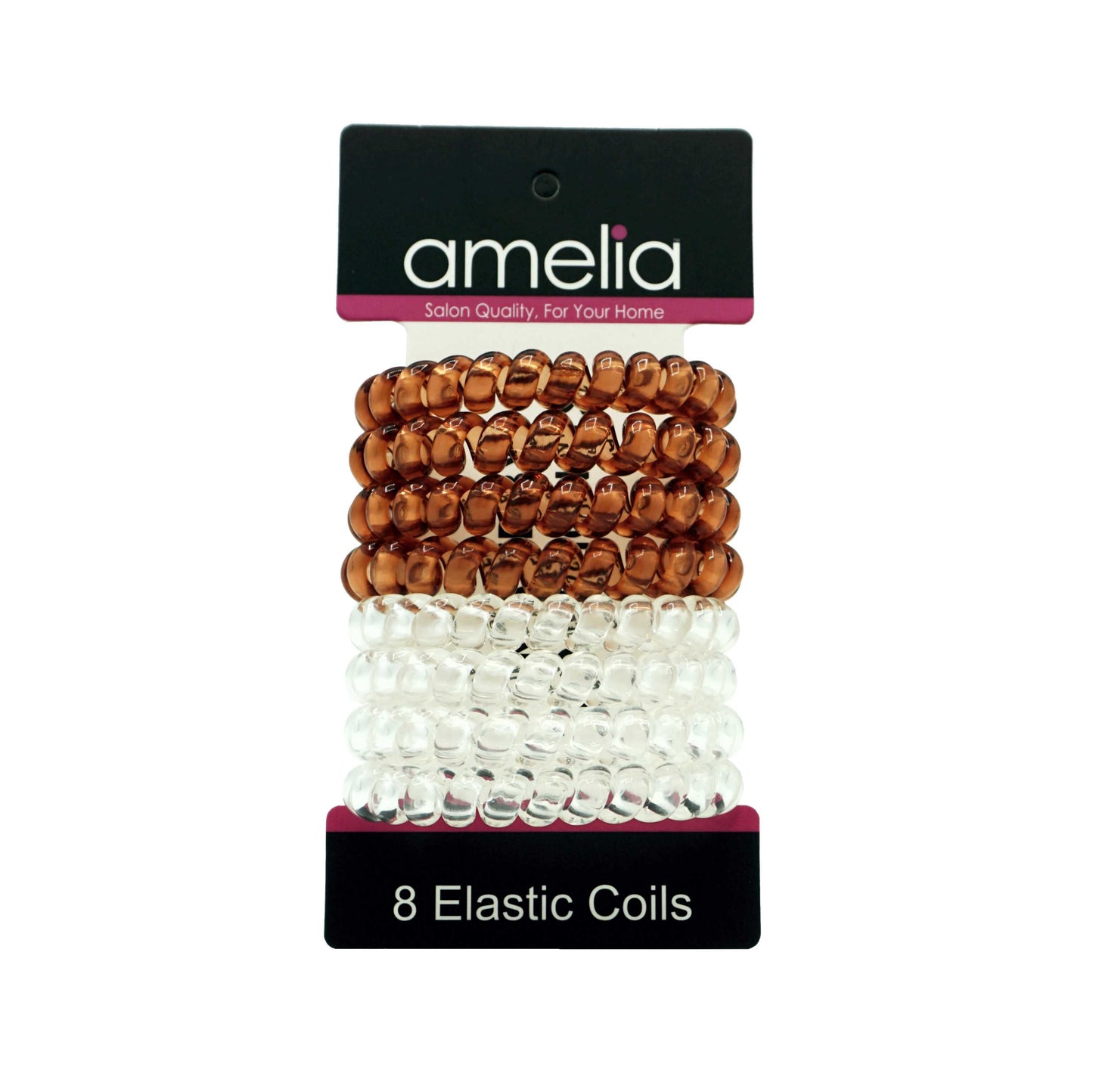 Amelia Beauty Products 8 Large Smooth Elastic Hair Coils, 2. 5in Diameter Thick Spiral Hair Ties, Gentle on Hair, Strong Hold and Minimizes Dents and Creases, Clear and Brown - 12 Retail Packs