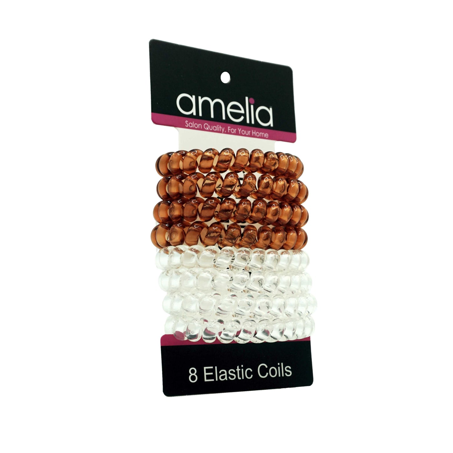 Amelia Beauty Products 8 Large Smooth Elastic Hair Coils, 2. 5in Diameter Thick Spiral Hair Ties, Gentle on Hair, Strong Hold and Minimizes Dents and Creases, Clear and Brown - 12 Retail Packs