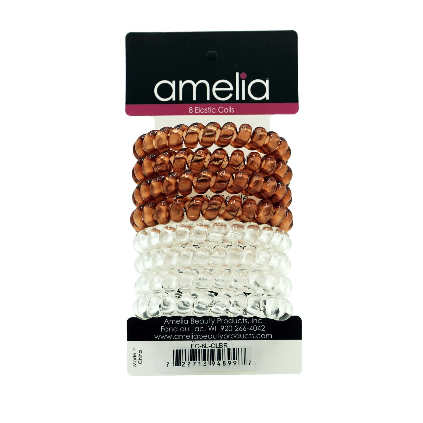 Amelia Beauty Products 8 Large Smooth Elastic Hair Coils, 2. 5in Diameter Thick Spiral Hair Ties, Gentle on Hair, Strong Hold and Minimizes Dents and Creases, Clear and Brown - 12 Retail Packs