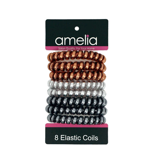 Amelia Beauty Products 8 Large Smooth Shiny Center Elastic Hair Coils, 2. 5in Diameter Thick Spiral Hair Ties, Gentle on Hair, Strong Hold and Minimizes Dents and Creases, Brown, Gray and Black Mix - 12 Retail Packs