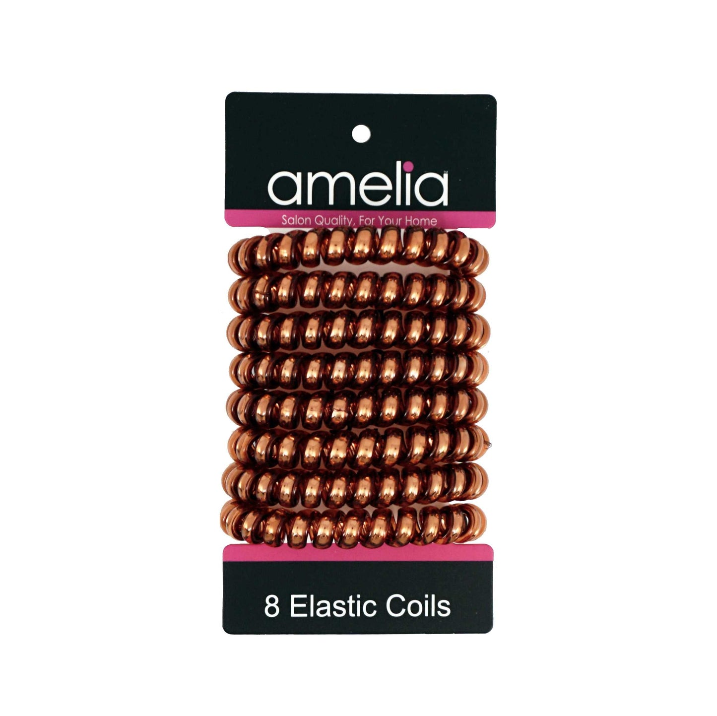 Amelia Beauty Products 8 Large Smooth Shiny Center Elastic Hair Coils, 2. 5in Diameter Thick Spiral Hair Ties, Gentle on Hair, Strong Hold and Minimizes Dents and Creases, Brown - 12 Retail Packs