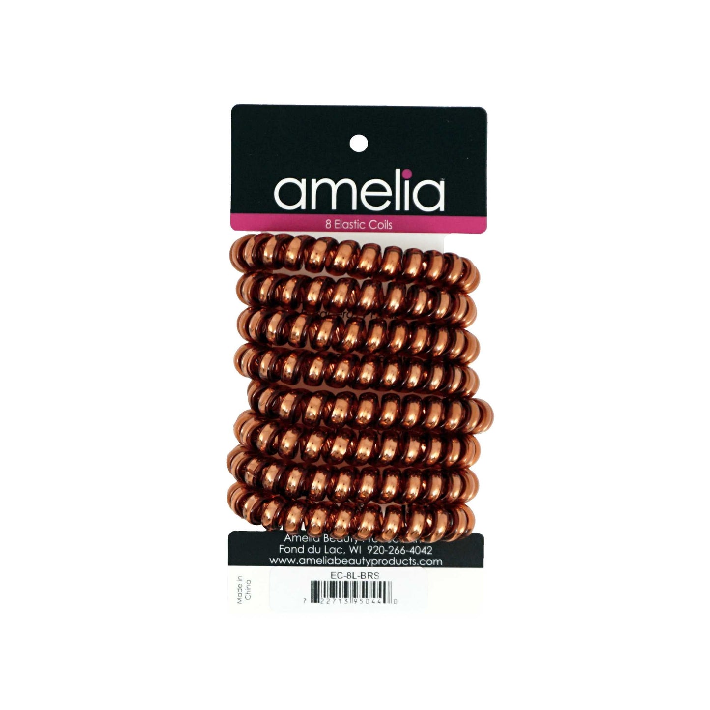 Amelia Beauty Products 8 Large Smooth Shiny Center Elastic Hair Coils, 2. 5in Diameter Thick Spiral Hair Ties, Gentle on Hair, Strong Hold and Minimizes Dents and Creases, Brown - 12 Retail Packs