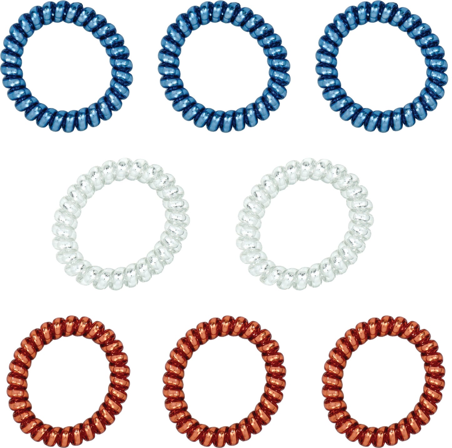 Amelia Beauty Products 8 Large Smooth Shiny Center Elastic Hair Coils, 2. 5in Diameter Thick Spiral Hair Ties, Gentle on Hair, Strong Hold and Minimizes Dents and Creases, Blue, Silver and Red Mix - 12 Retail Packs