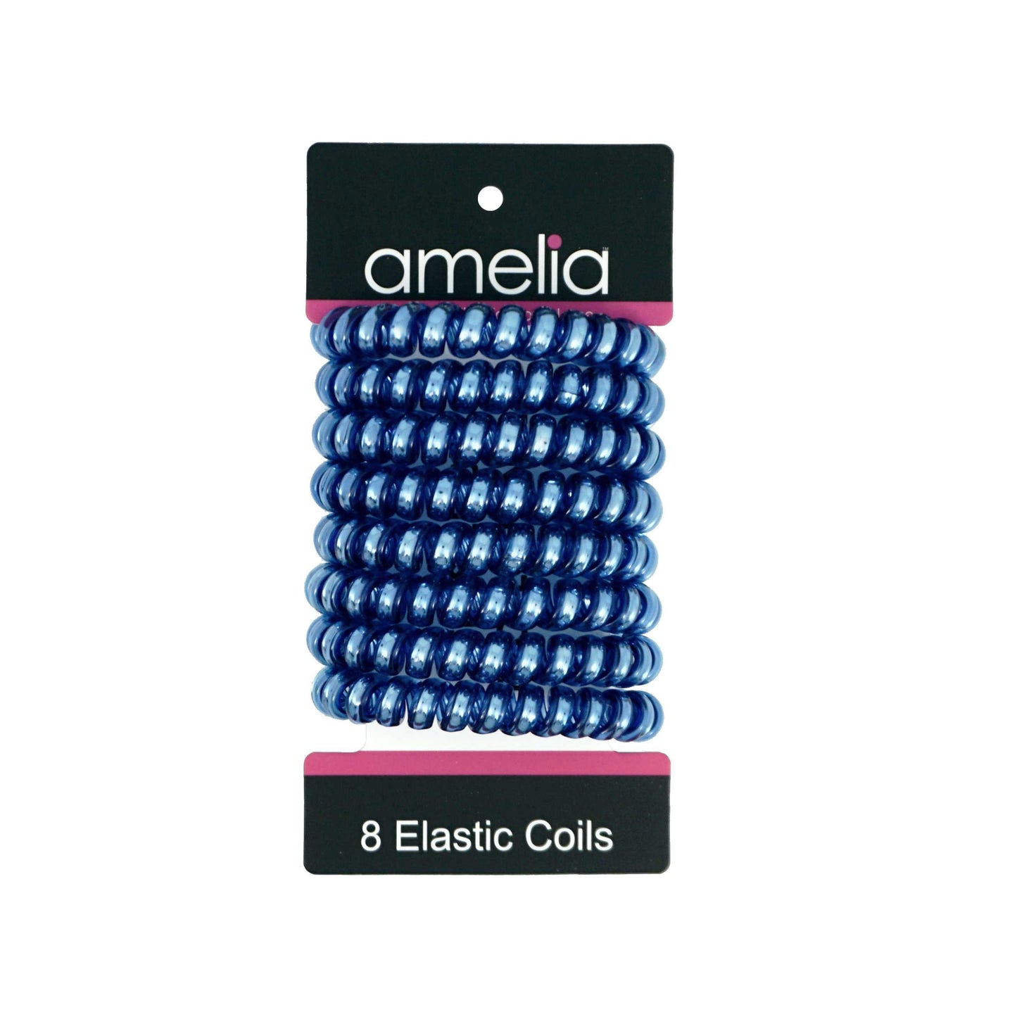 Amelia Beauty Products 8 Large Smooth Shiny Center Elastic Hair Coils, 2. 5in Diameter Thick Spiral Hair Ties, Gentle on Hair, Strong Hold and Minimizes Dents and Creases, Blue - 12 Retail Packs