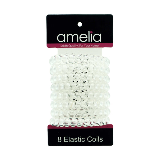 Amelia Beauty Products 8 Large Smooth Elastic Hair Coils, 2. 5in Diameter Thick Spiral Hair Ties, Gentle on Hair, Strong Hold and Minimizes Dents and Creases, Clear - 12 Retail Packs