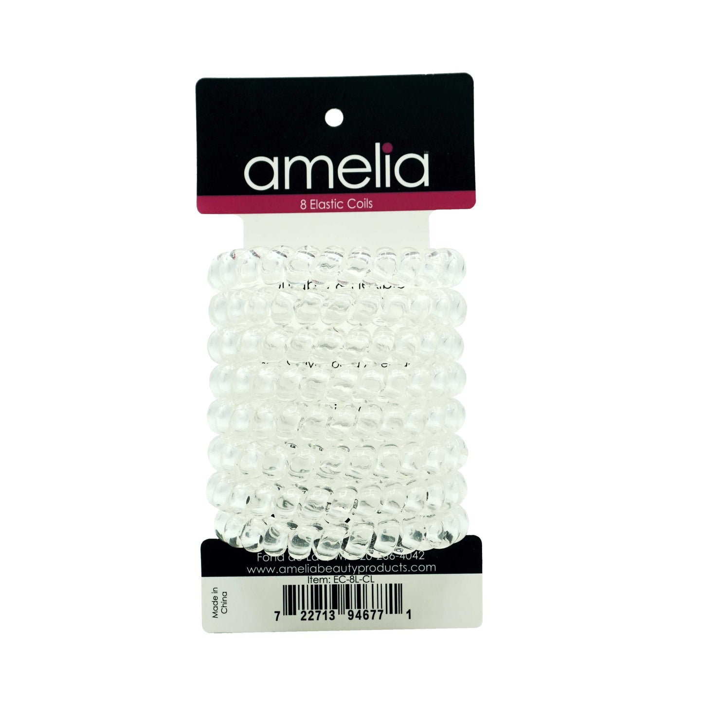 Amelia Beauty Products 8 Large Smooth Elastic Hair Coils, 2. 5in Diameter Thick Spiral Hair Ties, Gentle on Hair, Strong Hold and Minimizes Dents and Creases, Clear - 12 Retail Packs