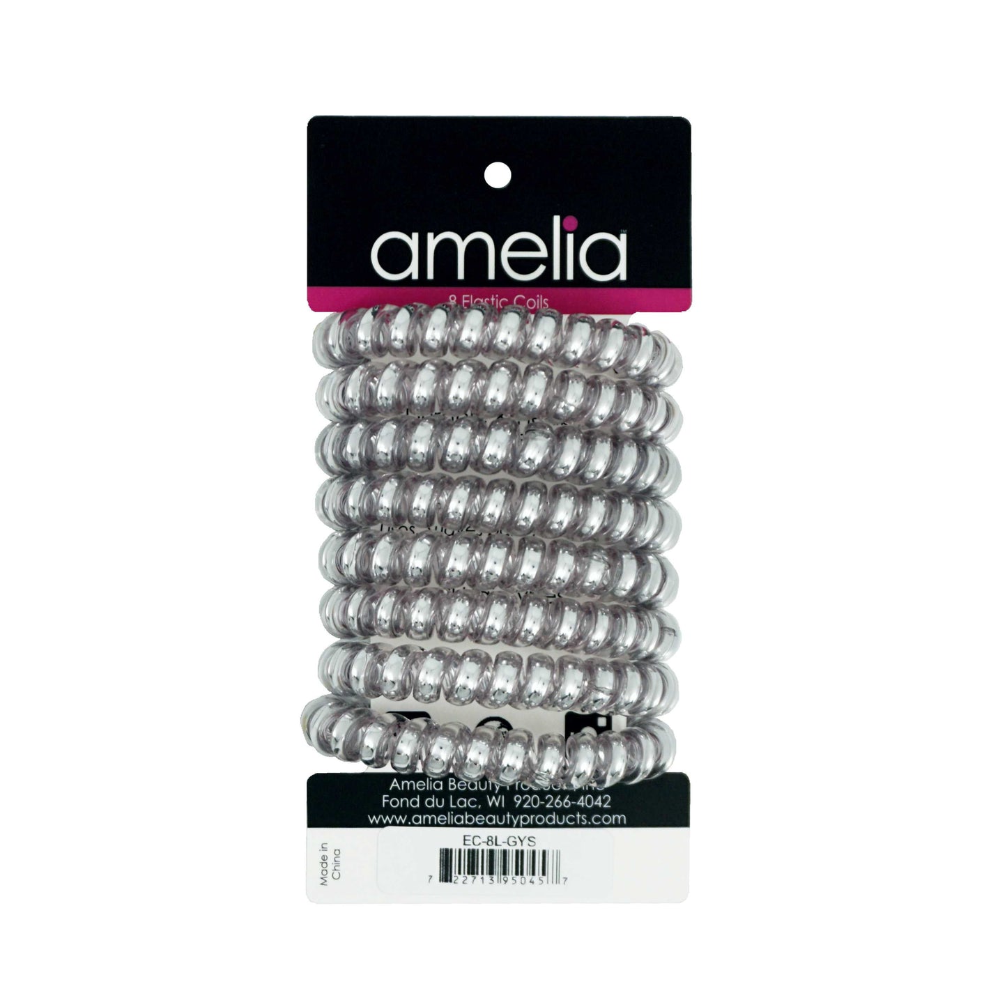 Amelia Beauty Products 8 Large Smooth Shiny Center Elastic Hair Coils, 2. 5in Diameter Thick Spiral Hair Ties, Gentle on Hair, Strong Hold and Minimizes Dents and Creases, Gray - 12 Retail Packs