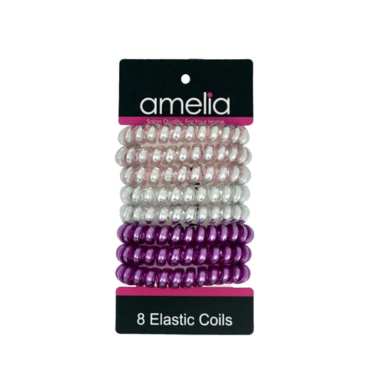 Amelia Beauty Products 8 Large Smooth Shiny Center Elastic Hair Coils, 2. 5in Diameter Thick Spiral Hair Ties, Gentle on Hair, Strong Hold and Minimizes Dents and Creases, Pink, Silver and Purple Mix - 12 Retail Packs