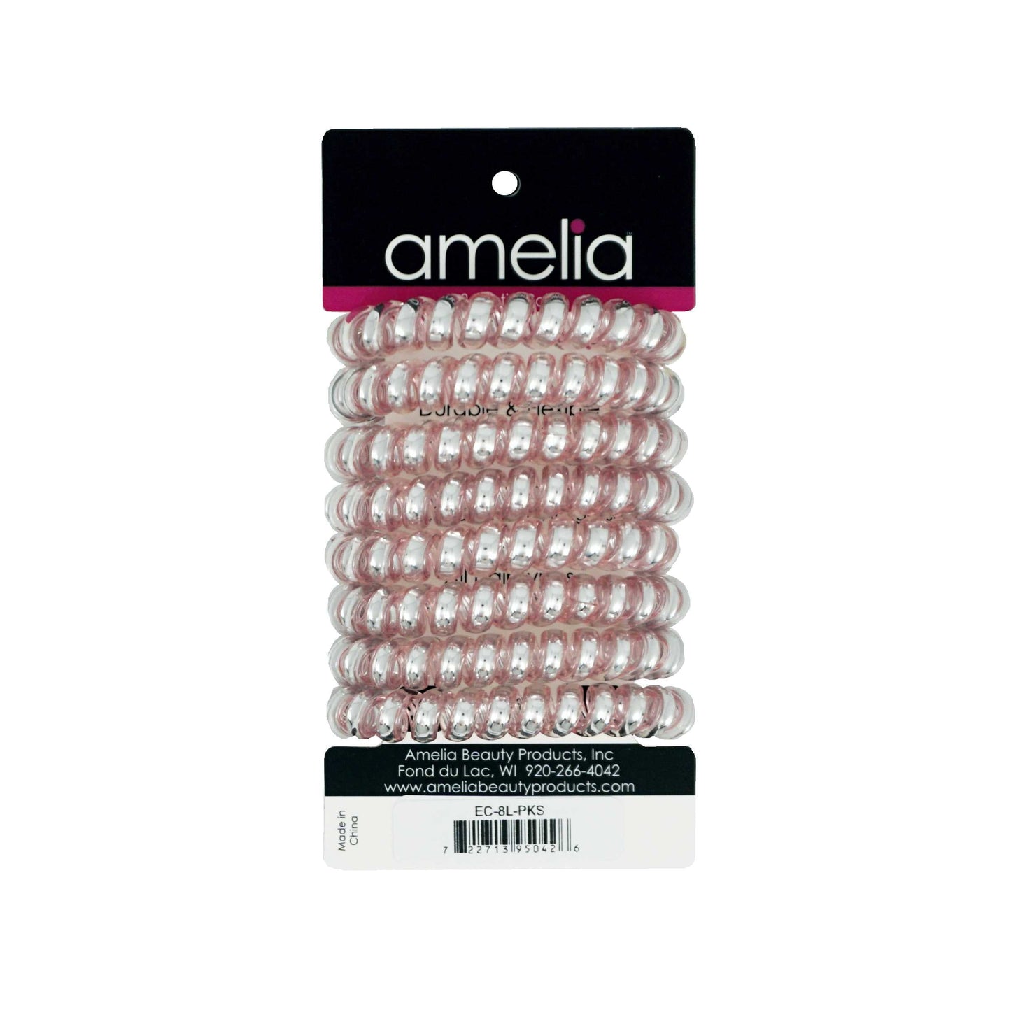 Amelia Beauty Products 8 Large Smooth Shiny Center Elastic Hair Coils, 2. 5in Diameter Thick Spiral Hair Ties, Gentle on Hair, Strong Hold and Minimizes Dents and Creases, Pink - 12 Retail Packs