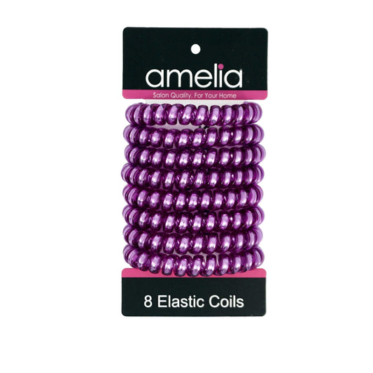 Amelia Beauty Products 8 Large Smooth Shiny Center Elastic Hair Coils, 2. 5in Diameter Thick Spiral Hair Ties, Gentle on Hair, Strong Hold and Minimizes Dents and Creases, Purple - 12 Retail Packs