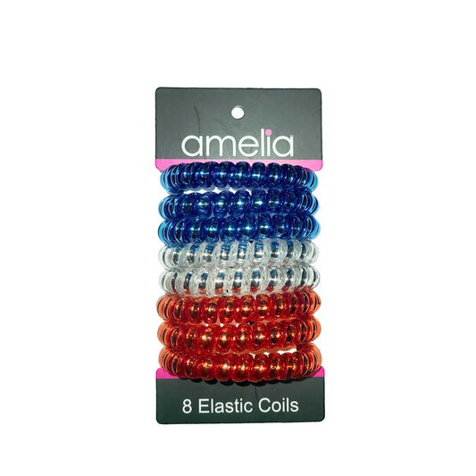 Amelia Beauty Products 8 Large Smooth Shiny Center Elastic Hair Coils, 2. 5in Diameter Thick Spiral Hair Ties, Gentle on Hair, Strong Hold and Minimizes Dents and Creases, Blue, Silver and Red Mix - 12 Retail Packs