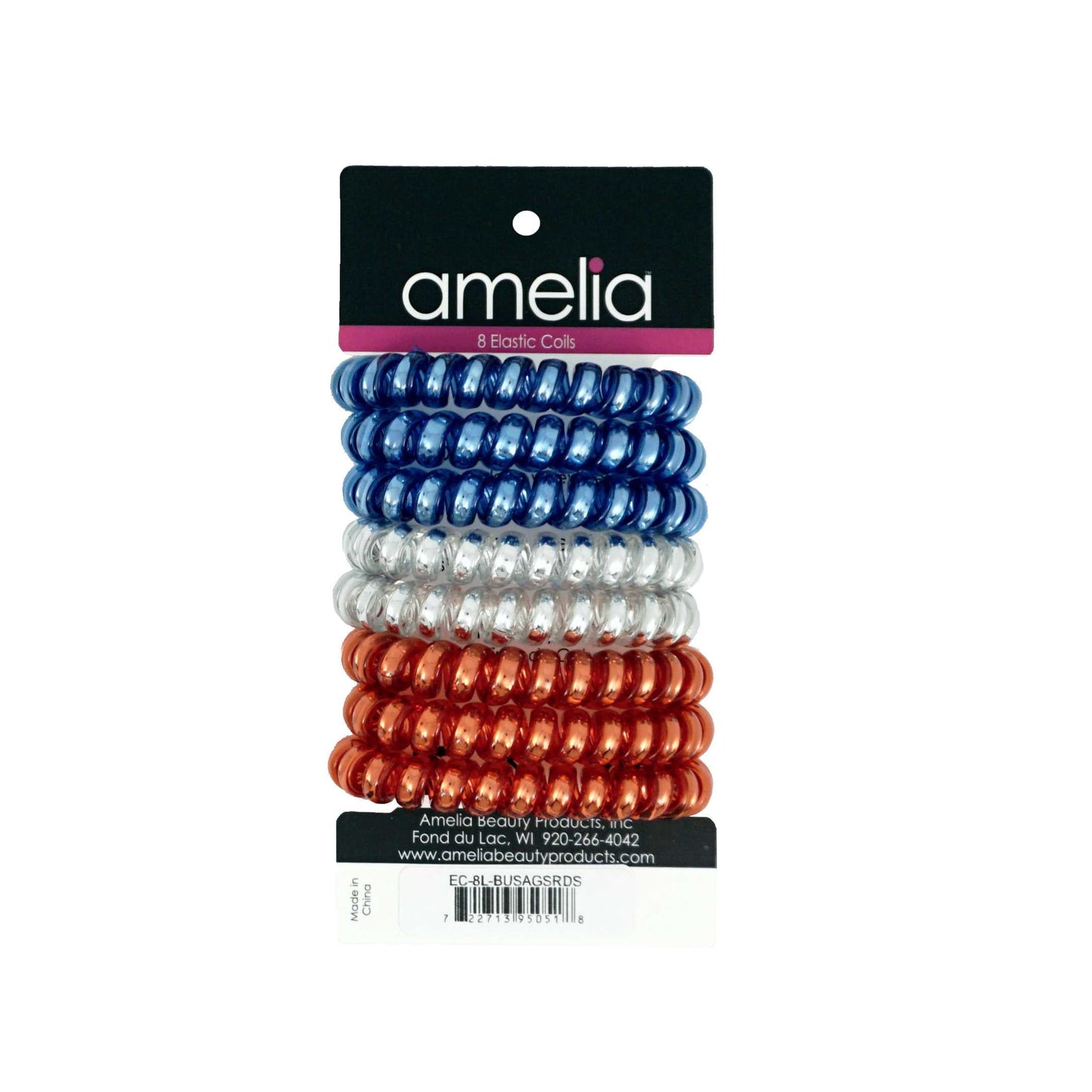 Amelia Beauty Products 8 Large Smooth Shiny Center Elastic Hair Coils, 2. 5in Diameter Thick Spiral Hair Ties, Gentle on Hair, Strong Hold and Minimizes Dents and Creases, Blue, Silver and Red Mix - 12 Retail Packs