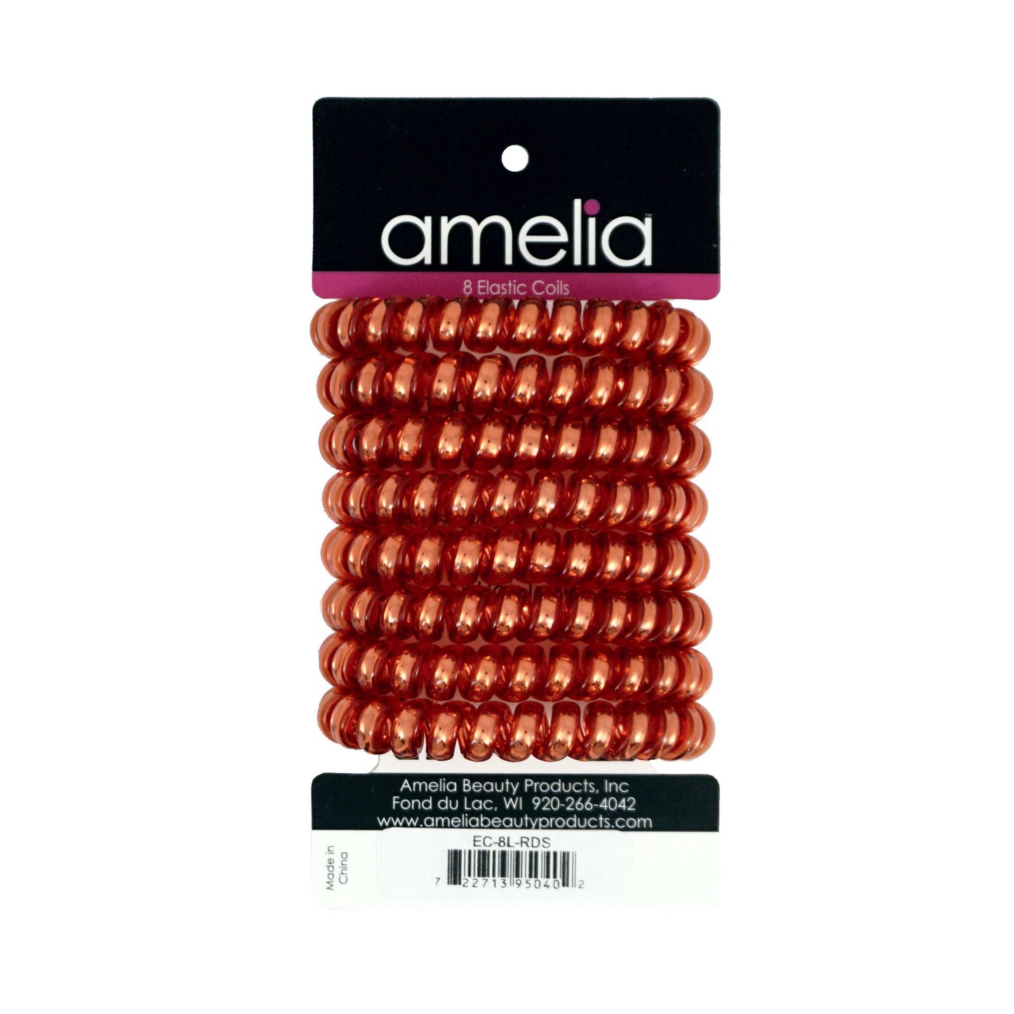 Amelia Beauty Products 8 Large Smooth Shiny Center Elastic Hair Coils, 2. 5in Diameter Thick Spiral Hair Ties, Gentle on Hair, Strong Hold and Minimizes Dents and Creases, Red - 12 Retail Packs