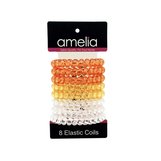 Amelia Beauty Products 8 Large Smooth Shiny Center Elastic Hair Coils, 2. 5in Diameter Thick Spiral Hair Ties, Gentle on Hair, Strong Hold and Minimizes Dents and Creases, Pink, Yellow and Orange Mix - 12 Retail Packs