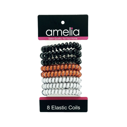 Amelia Beauty Products 8 Medium Elastic Hair Coils, 2.0in Diameter Thick Spiral Hair Ties, Gentle on Hair, Strong Hold and Minimizes Dents and Creases, Black, Brown and White Mix - 12 Retail Packs