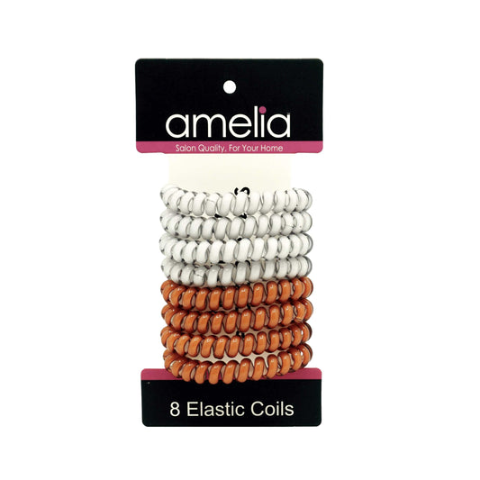 Amelia Beauty Products 8 Medium Elastic Hair Coils, 2.0in Diameter Thick Spiral Hair Ties, Gentle on Hair, Strong Hold and Minimizes Dents and Creases, Brown and White Mix - 12 Retail Packs