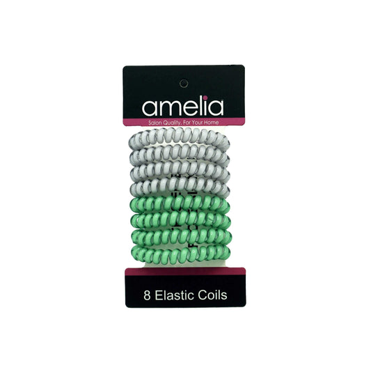 Amelia Beauty Products 8 Medium Elastic Hair Coils, 2.0in Diameter Thick Spiral Hair Ties, Gentle on Hair, Strong Hold and Minimizes Dents and Creases, Emerald and White Mix - 12 Retail Packs