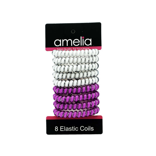 Amelia Beauty Products 8 Medium Elastic Hair Coils, 2.0in Diameter Thick Spiral Hair Ties, Gentle on Hair, Strong Hold and Minimizes Dents and Creases, Magenta and White Mix - 12 Retail Packs