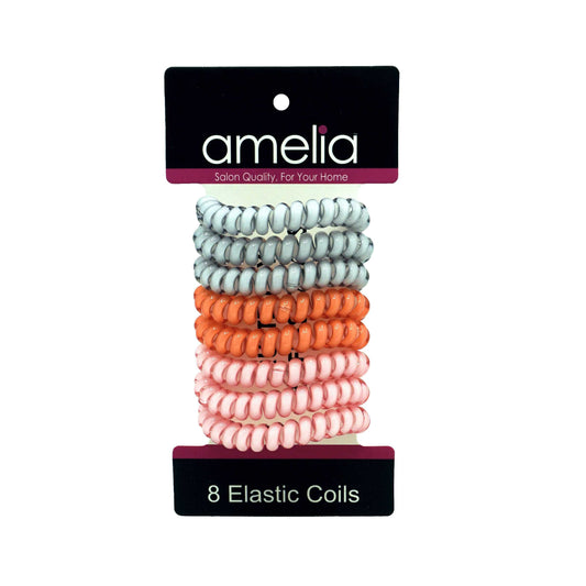 Amelia Beauty Products 8 Medium Elastic Hair Coils, 2.0in Diameter Thick Spiral Hair Ties, Gentle on Hair, Strong Hold and Minimizes Dents and Creases, Pink, Orange and White Mix - 12 Retail Packs