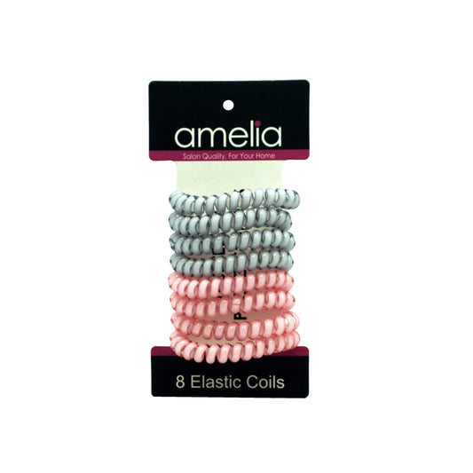 Amelia Beauty Products 8 Medium Elastic Hair Coils, 2.0in Diameter Thick Spiral Hair Ties, Gentle on Hair, Strong Hold and Minimizes Dents and Creases, Pink and White Mix - 12 Retail Packs