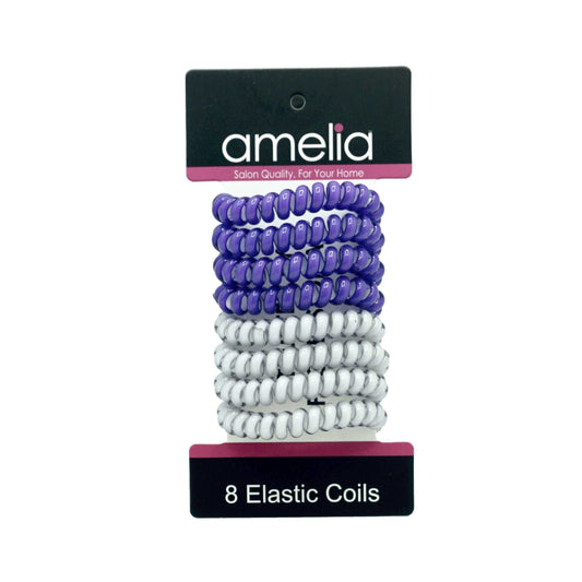 Amelia Beauty Products 8 Medium Elastic Hair Coils, 2.0in Diameter Thick Spiral Hair Ties, Gentle on Hair, Strong Hold and Minimizes Dents and Creases, Violet and White Mix - 12 Retail Packs