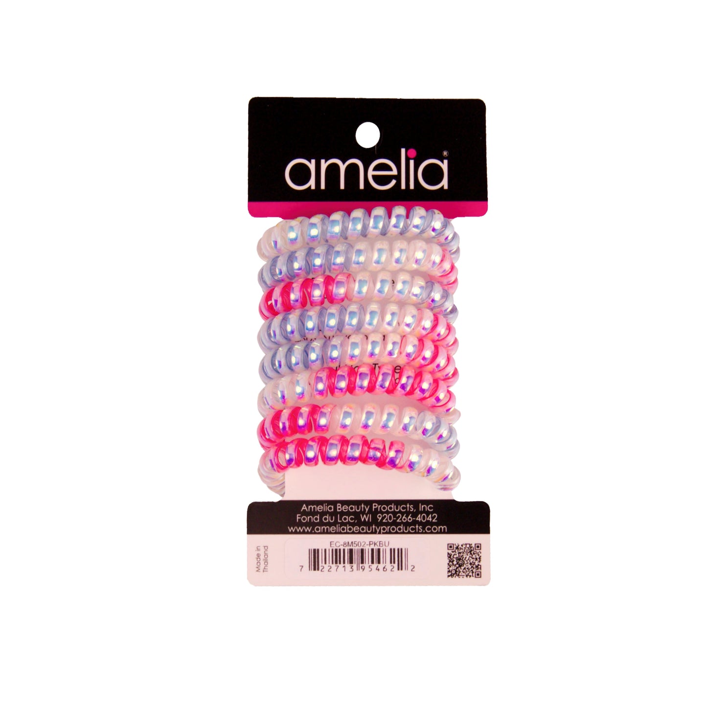 Amelia Beauty Products 8 Medium Smooth Elastic Mutli-Colored Hair Coils, 2.25in Diameter Spiral Hair Ties, Gentle Yet Strong Hold and Minimizes Dents, Pink/Blue - 12 Retail Packs