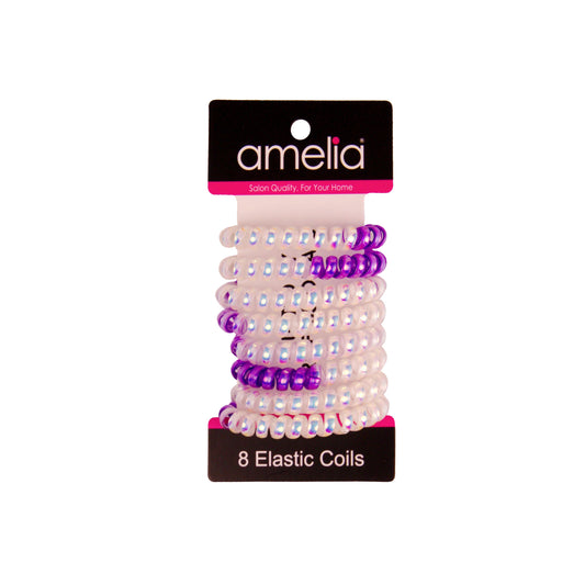 Amelia Beauty Products 8 Medium Smooth Elastic Mutli-Colored Hair Coils, 2.25in Diameter Spiral Hair Ties, Gentle Yet Strong Hold and Minimizes Dents, Purple/Silver - 12 Retail Packs