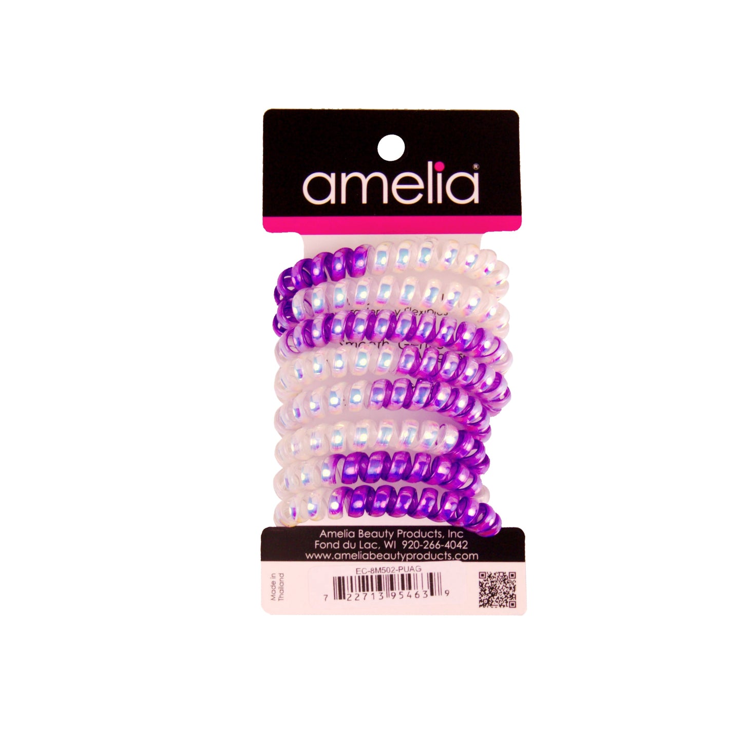 Amelia Beauty Products 8 Medium Smooth Elastic Mutli-Colored Hair Coils, 2.25in Diameter Spiral Hair Ties, Gentle Yet Strong Hold and Minimizes Dents, Purple/Silver - 12 Retail Packs