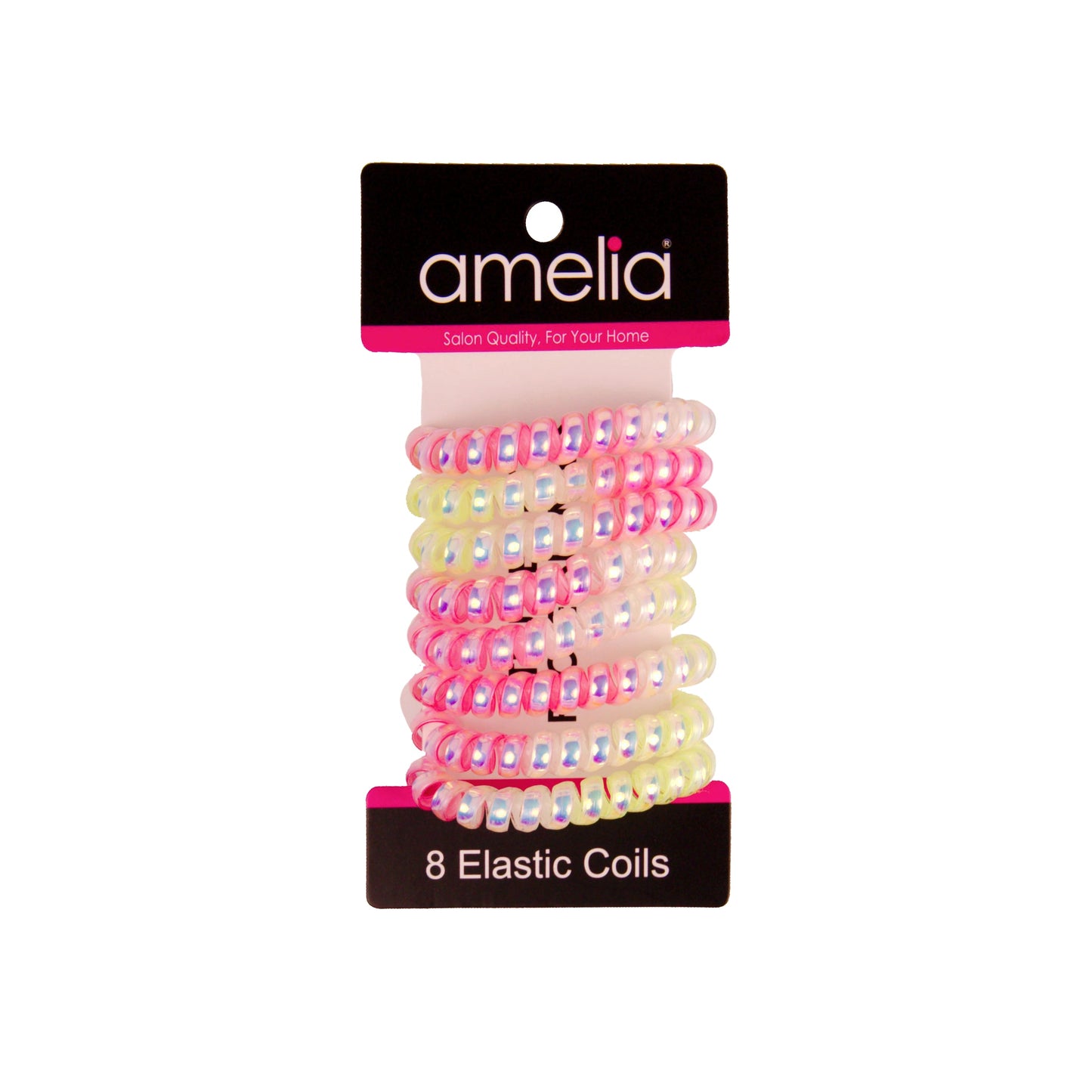 Amelia Beauty Products 8 Medium Smooth Elastic Mutli-Colored Hair Coils, 2.25in Diameter Spiral Hair Ties, Gentle Yet Strong Hold and Minimizes Dents, Yellow/Pink - 12 Retail Packs