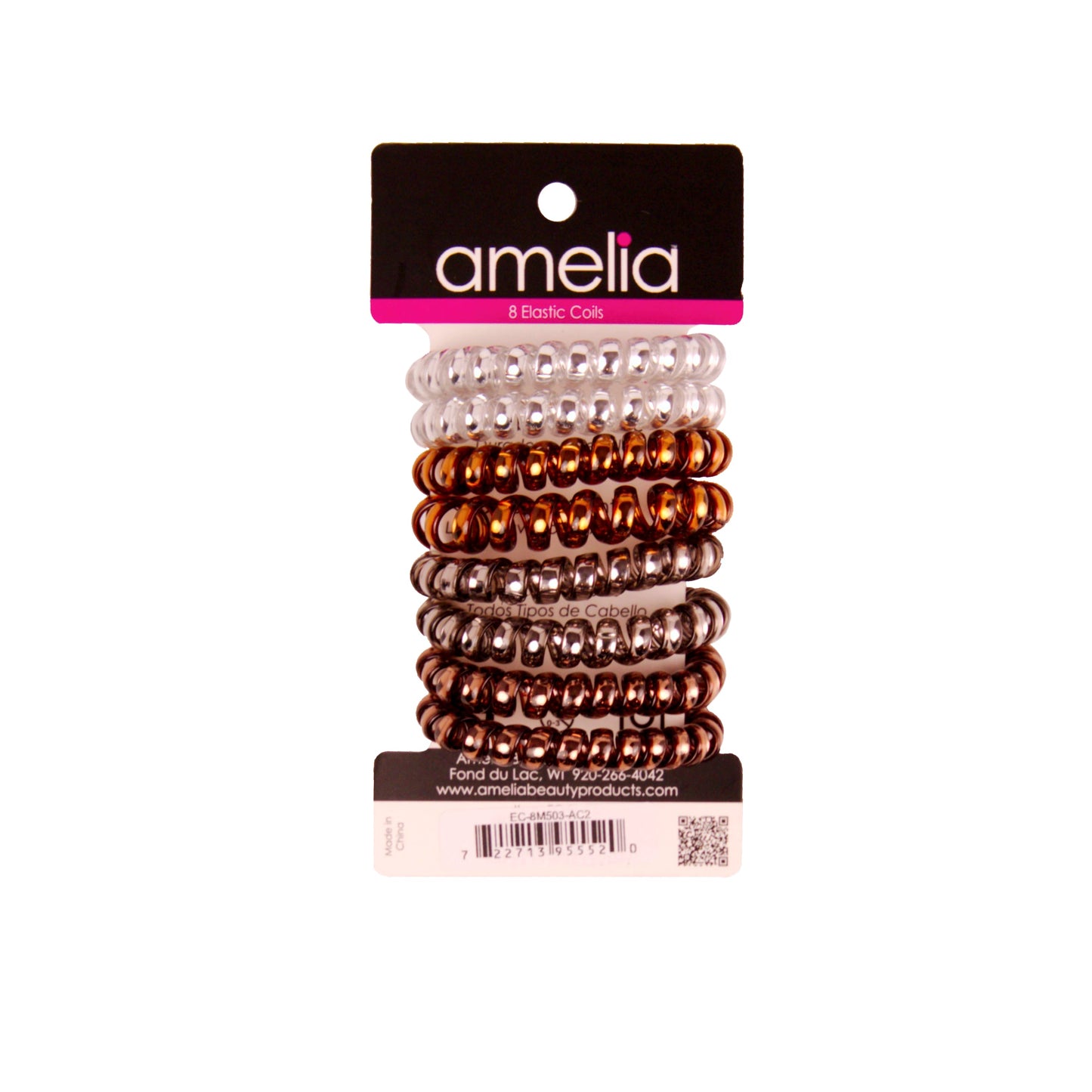 Amelia Beauty Products 8 Medium Smooth Elastic Hair Coils, 2.25in Diameter Spiral Hair Ties, Gentle on Hair, Strong Hold and Minimizes Dents and Creases, Earth Tones - 12 Retail Packs