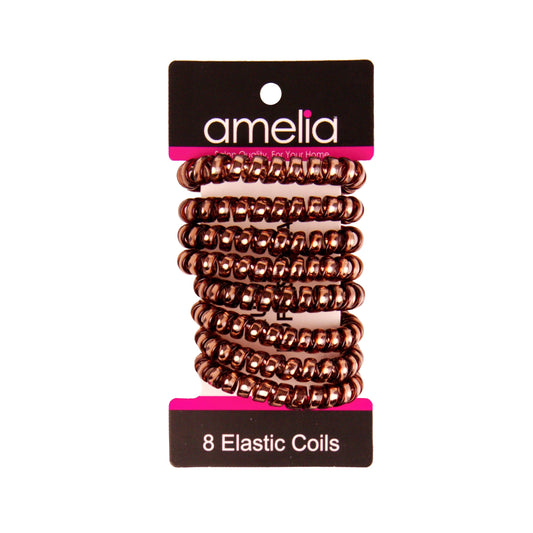 Amelia Beauty Products 8 Medium Smooth Elastic Hair Coils, 2.25in Diameter Spiral Hair Ties, Gentle on Hair, Strong Hold and Minimizes Dents and Creases, Chocolate - 12 Retail Packs