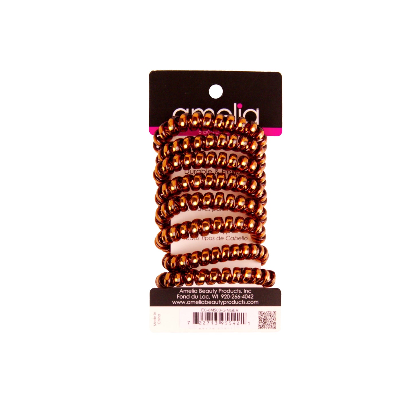 Amelia Beauty Products 8 Medium Smooth Elastic Hair Coils, 2.25in Diameter Spiral Hair Ties, Gentle on Hair, Strong Hold and Minimizes Dents and Creases, Ginger - 12 Retail Packs