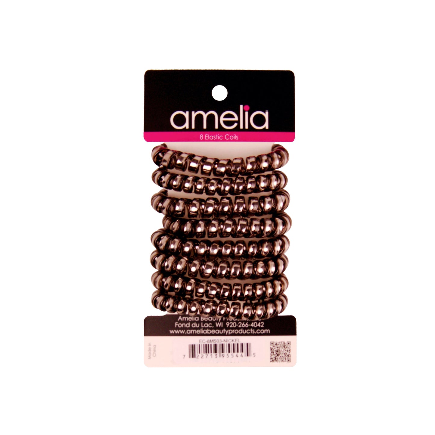 Amelia Beauty Products 8 Medium Smooth Elastic Hair Coils, 2.25in Diameter Spiral Hair Ties, Gentle on Hair, Strong Hold and Minimizes Dents and Creases, Nickel - 12 Retail Packs