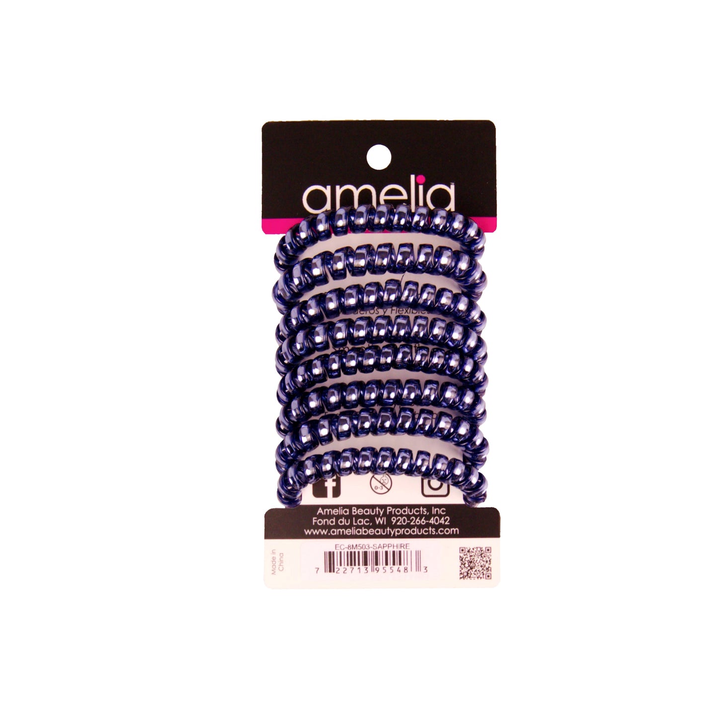 Amelia Beauty Products 8 Medium Smooth Elastic Hair Coils, 2.25in Diameter Spiral Hair Ties, Gentle on Hair, Strong Hold and Minimizes Dents and Creases, Sapphire Blue - 12 Retail Packs