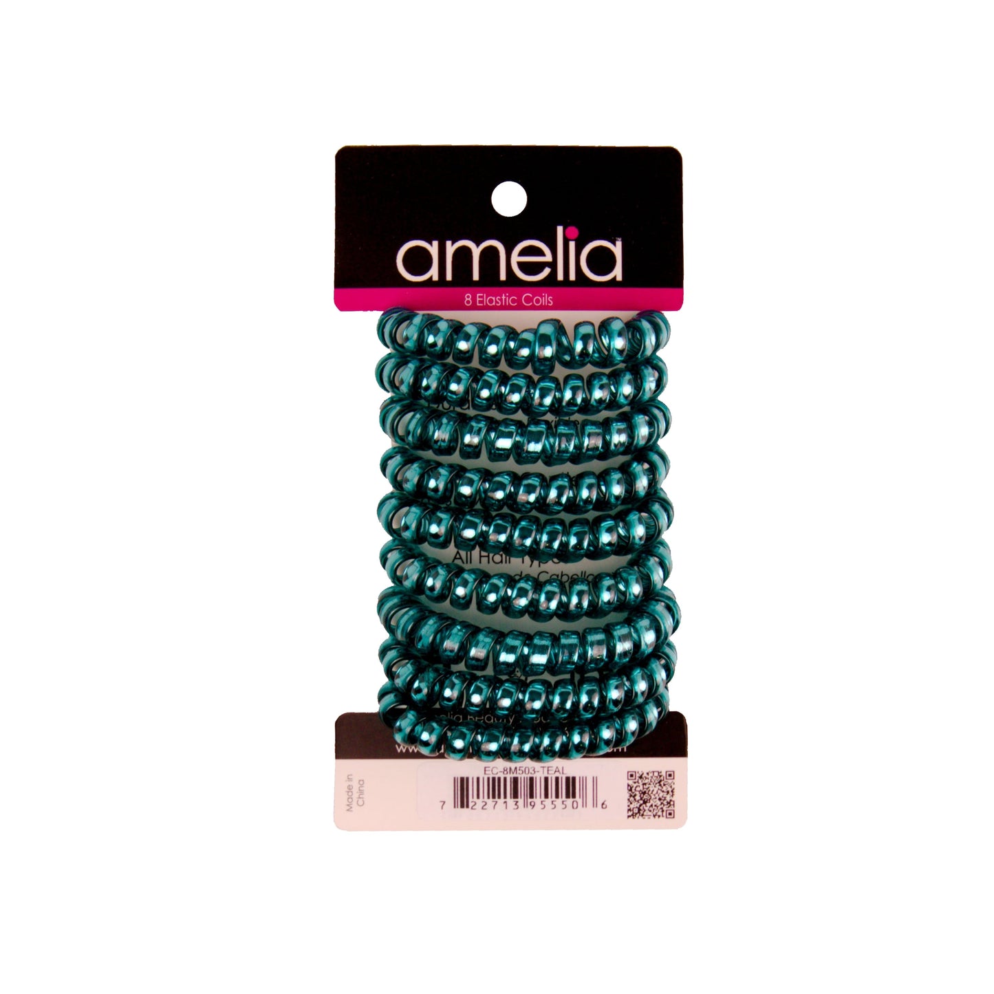 Amelia Beauty Products 8 Medium Smooth Elastic Hair Coils, 2.25in Diameter Spiral Hair Ties, Gentle on Hair, Strong Hold and Minimizes Dents and Creases, Teal - 12 Retail Packs