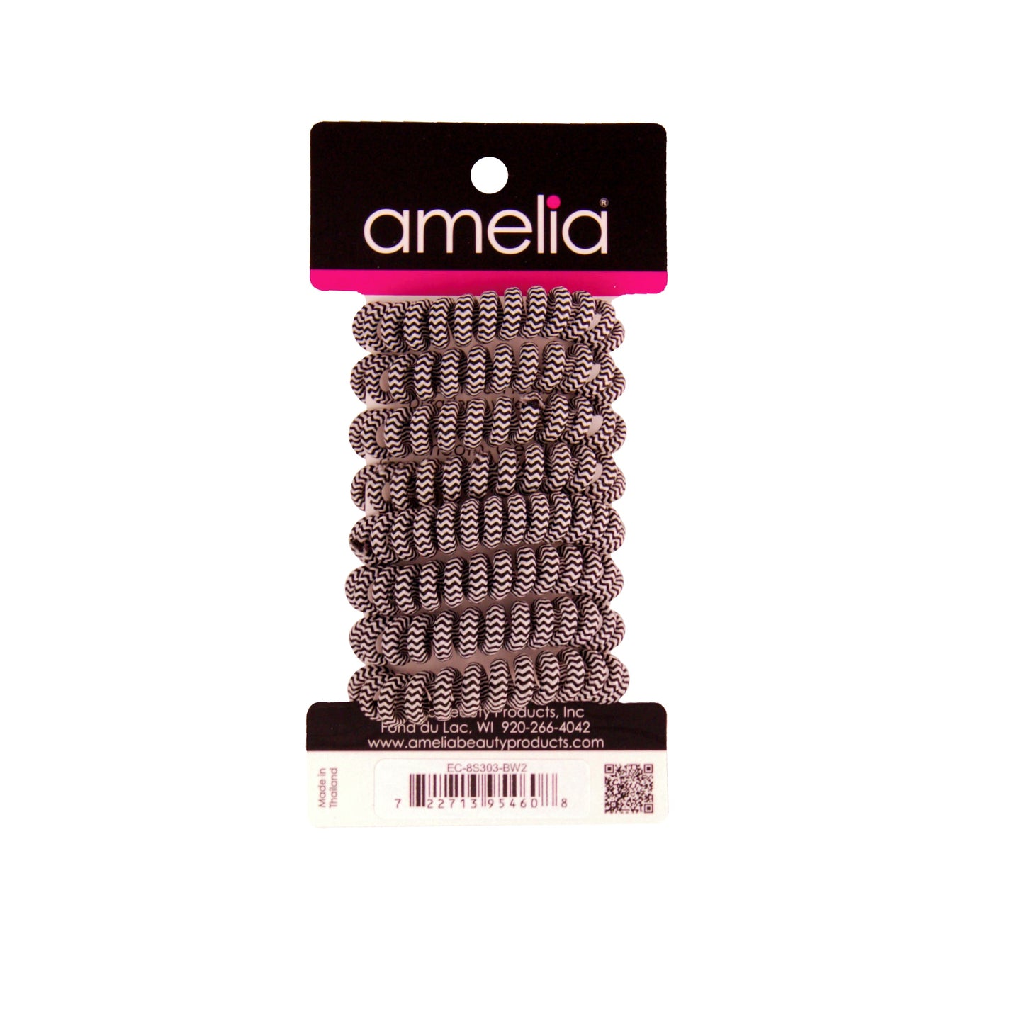 Amelia Beauty, 8 Small Fabric Wrapped Elastic Hair Coils, 1.75in Diameter Spiral Hair Ties, Gentle on Hair, Strong Hold and Minimizes Dents and Creases, White with Black Stripe - 12 Retail Packs