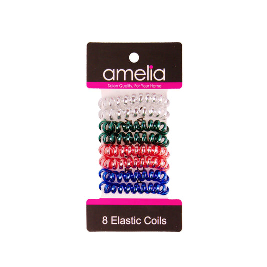 Amelia Beauty, 8 Small Shinny Elastic Hair Telephone Cord Coils, 1.5in Diameter Spiral Hair Ties, Strong Hold, Gentle on Hair, Silver, Red, Blue and Green Mix - 12 Retail Packs