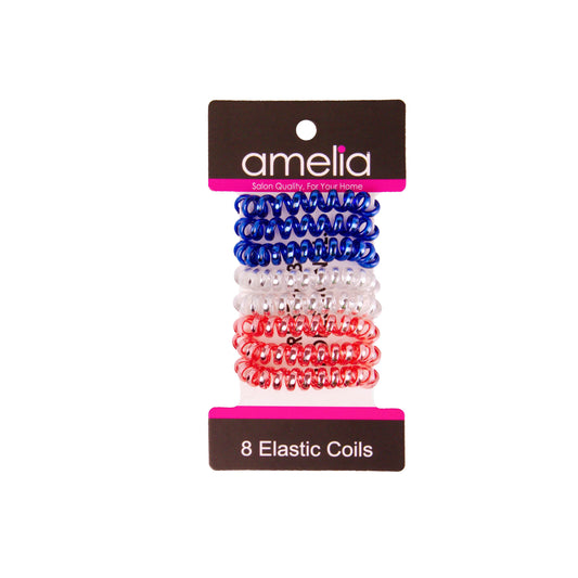 Amelia Beauty, 8 Small Shinny Elastic Hair Telephone Cord Coils, 1.5in Diameter Spiral Hair Ties, Strong Hold, Gentle on Hair, Red, Silver and Blue - 12 Retail Packs