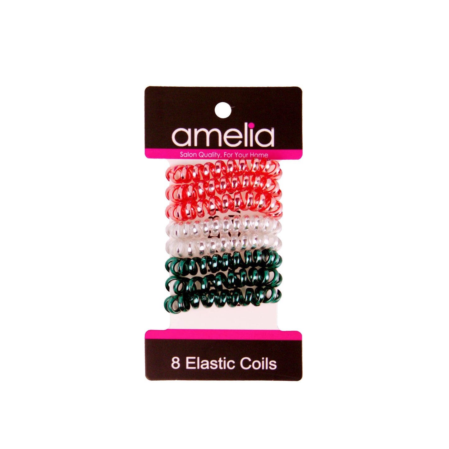 Amelia Beauty, 8 Small Shinny Elastic Hair Telephone Cord Coils, 1.5in Diameter Spiral Hair Ties, Strong Hold, Gentle on Hair, Red, Silver and Green - 12 Retail Packs