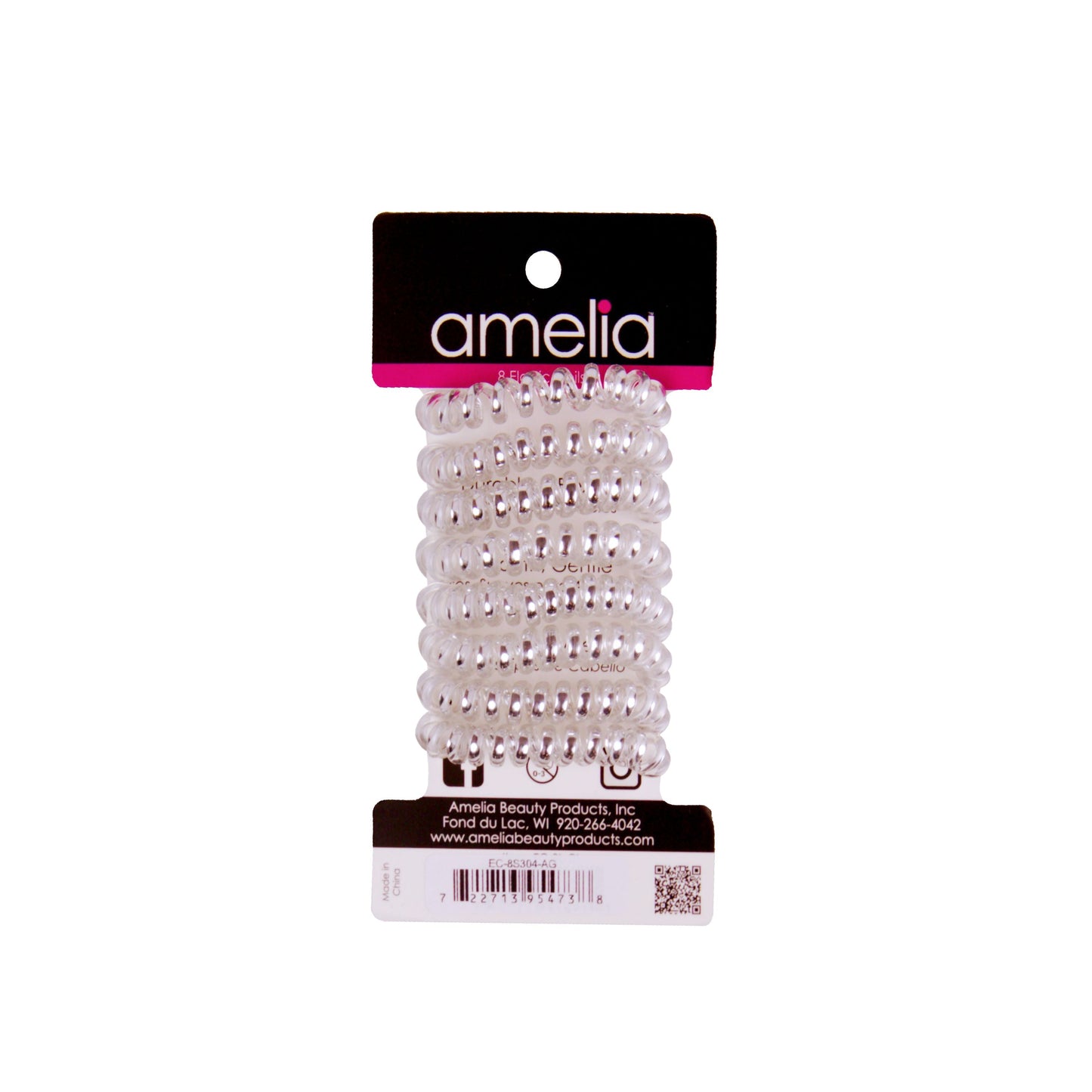 Amelia Beauty, 8 Small Shinny Elastic Hair Telephone Cord Coils, 1.5in Diameter Spiral Hair Ties, Strong Hold, Gentle on Hair, Silver - 12 Retail Packs