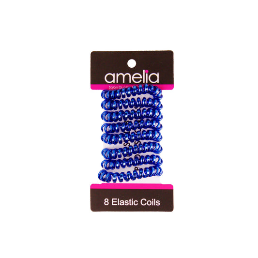 Amelia Beauty, 8 Small Shinny Elastic Hair Telephone Cord Coils, 1.5in Diameter Spiral Hair Ties, Strong Hold, Gentle on Hair, Blue - 12 Retail Packs