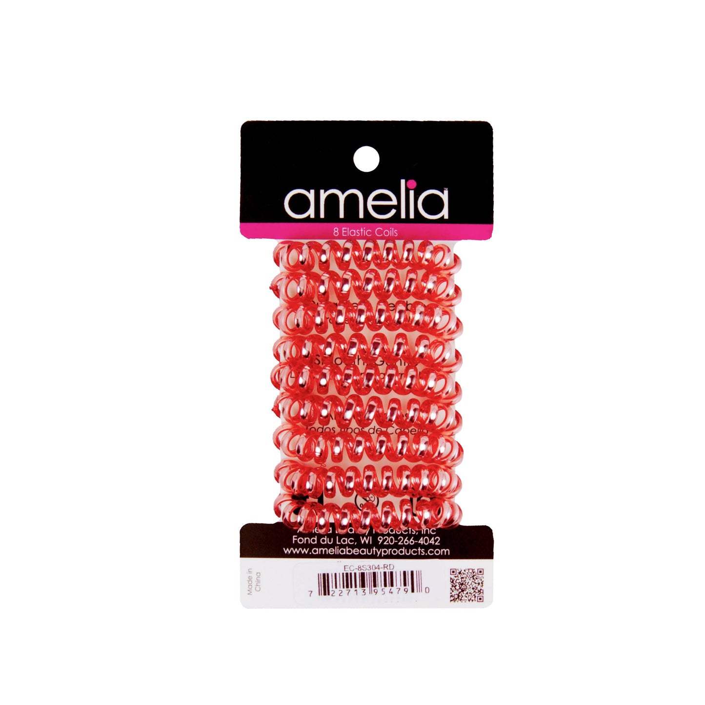 Amelia Beauty, 8 Small Shinny Elastic Hair Telephone Cord Coils, 1.5in Diameter Spiral Hair Ties, Strong Hold, Gentle on Hair, Red - 12 Retail Packs