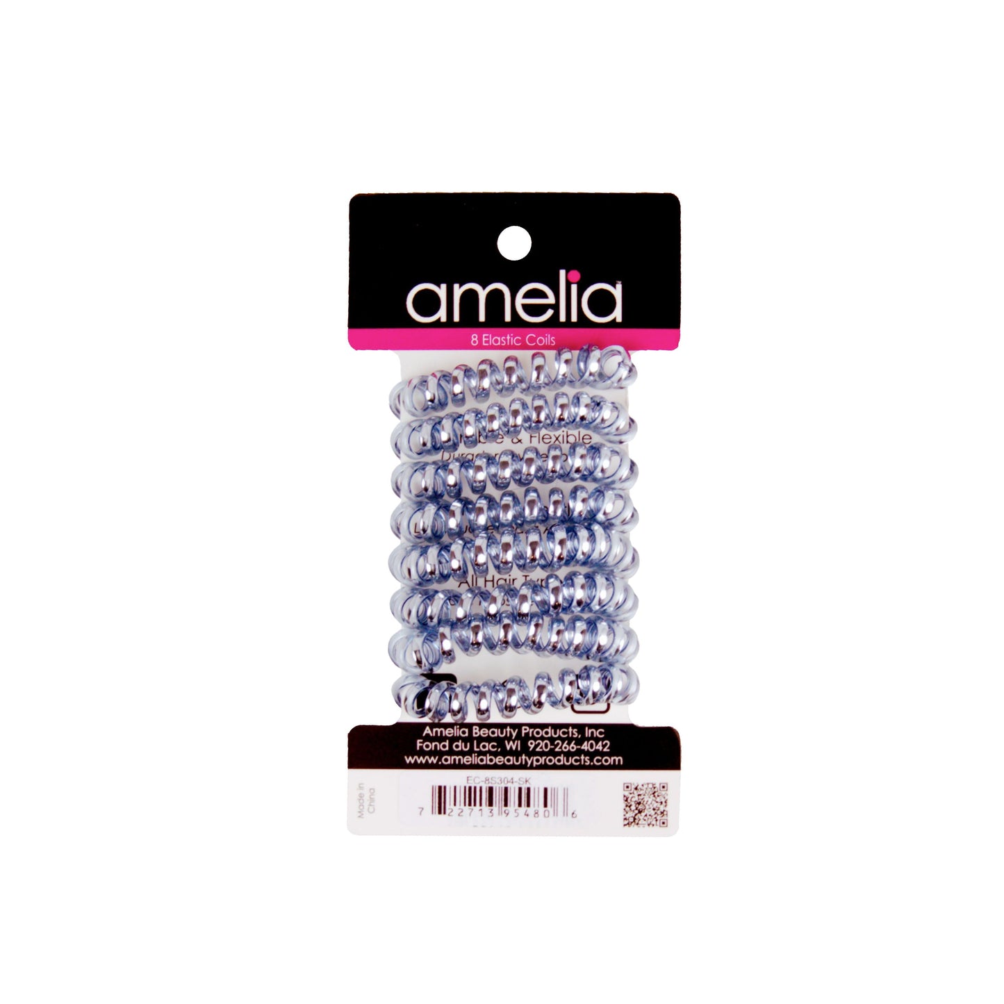 Amelia Beauty, 8 Small Shinny Elastic Hair Telephone Cord Coils, 1.5in Diameter Spiral Hair Ties, Strong Hold, Gentle on Hair, Sky Blue - 12 Retail Packs