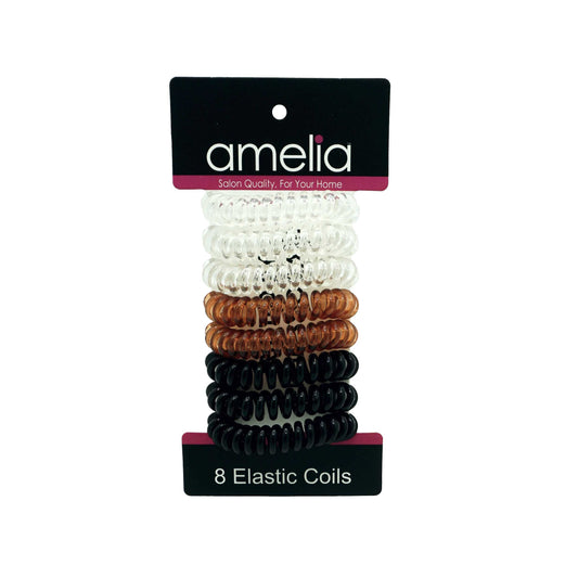 Amelia Beauty Products 8 Small Elastic Hair Coils, 1.5in Diameter Thick Spiral Hair Ties, Gentle on Hair, Strong Hold and Minimizes Dents and Creases, Black, Brown and Clear Mix - 12 Retail Packs