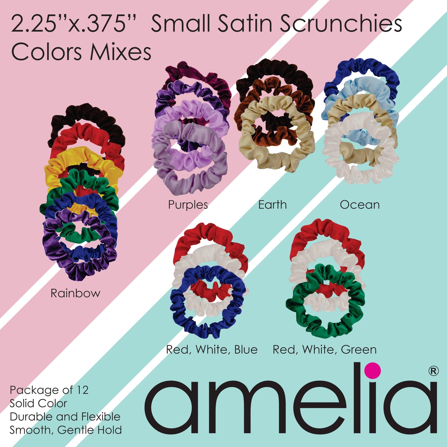 Amelia Beauty, Black Satin Scrunchies, 2.25in Diameter, Gentle on Hair, Strong Hold, No Snag, No Dents or Creases. 12 Pack - 12 Retail Packs