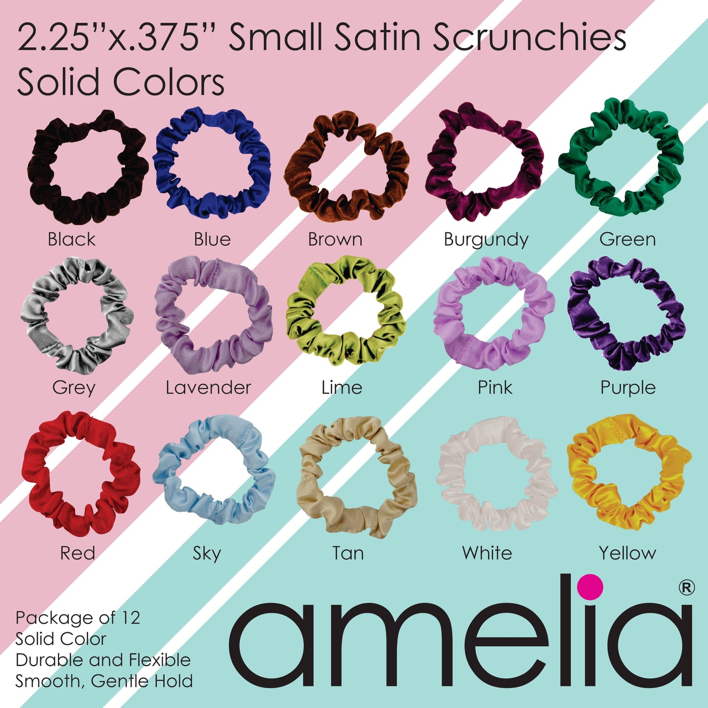Amelia Beauty, Sky Satin Scrunchies, 2.25in Diameter, Gentle on Hair, Strong Hold, No Snag, No Dents or Creases. 12 Pack - 12 Retail Packs