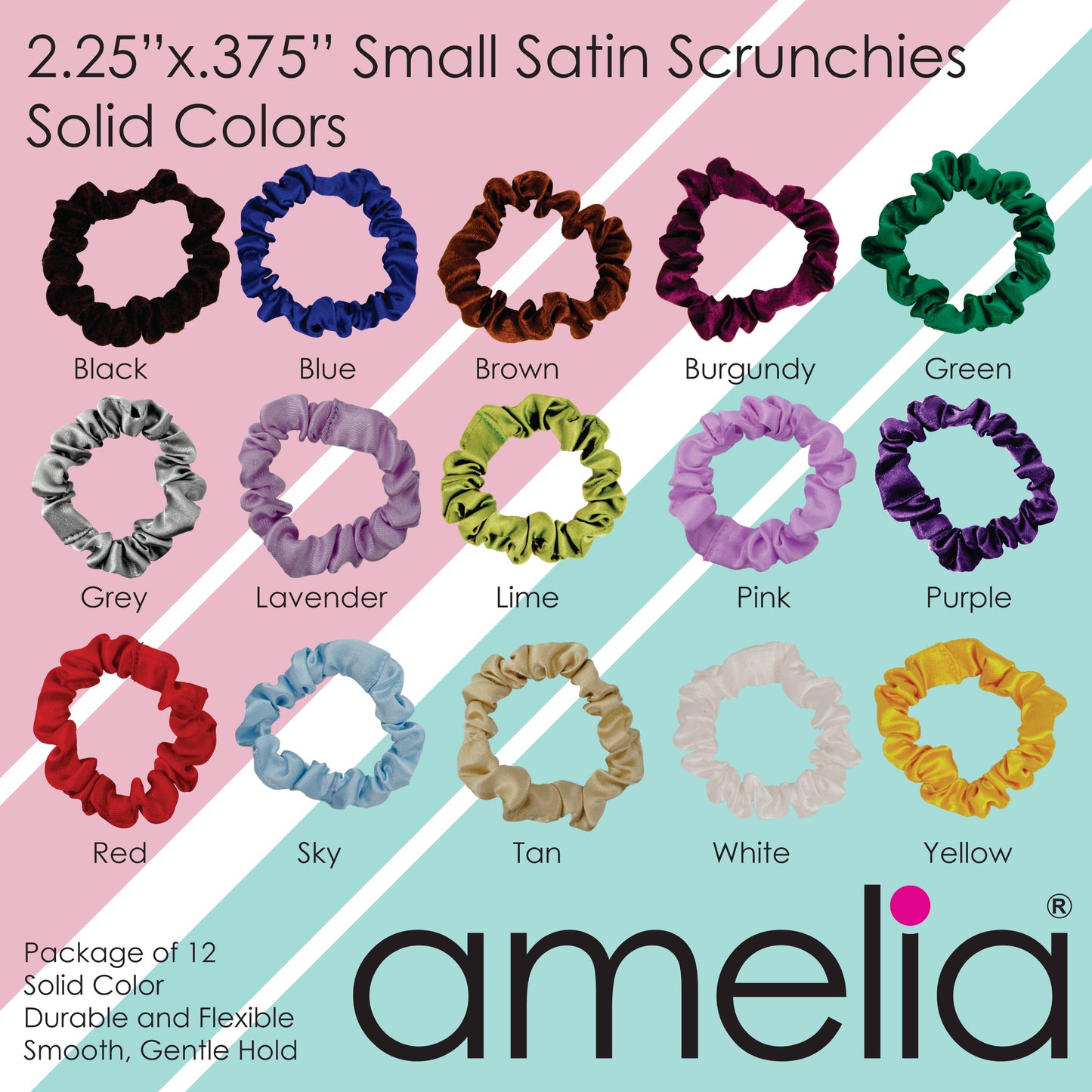 Amelia Beauty, Earth Tones Satin Scrunchies, 2.25in Diameter, Gentle on Hair, Strong Hold, No Snag, No Dents or Creases. 12 Pack - 12 Retail Packs