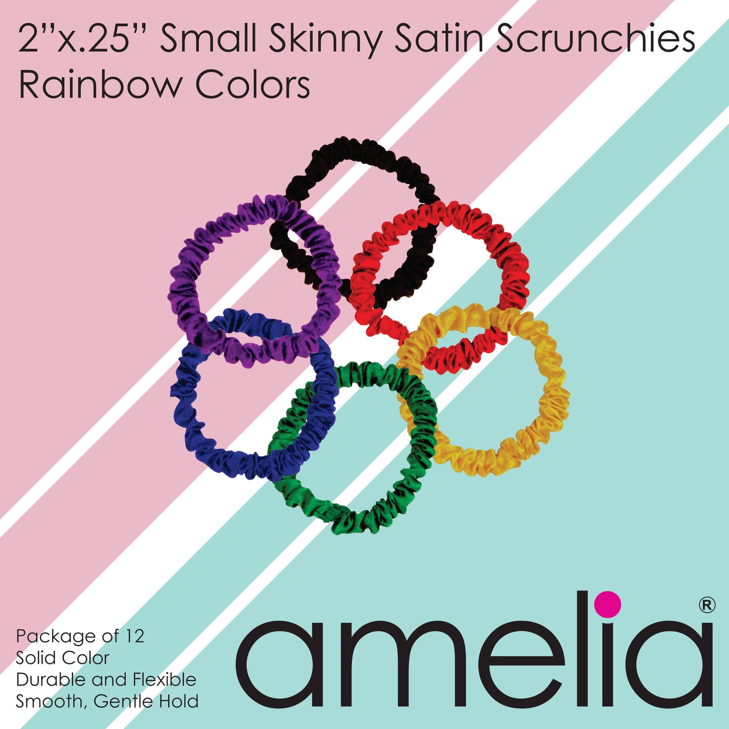 Amelia Beauty, Rainbow Colors Skinny Satin Scrunchies, 2in Diameter, Gentle and Strong Hold, No Snag, No Dents or Creases. 12 Pack - 12 Retail Packs