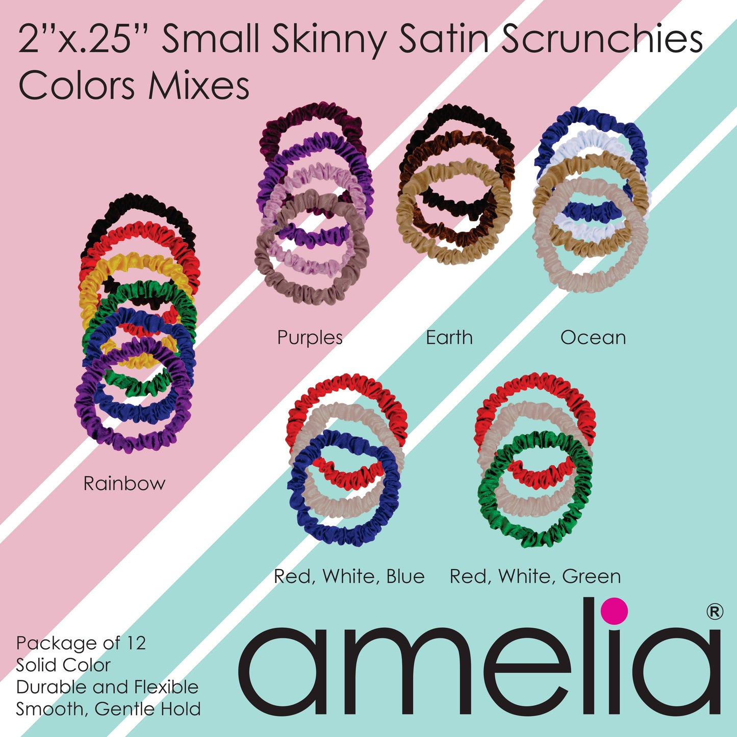 Amelia Beauty, Black Skinny Satin Scrunchies, 2in Diameter, Gentle and Strong Hold, No Snag, No Dents or Creases. 12 Pack - 12 Retail Packs